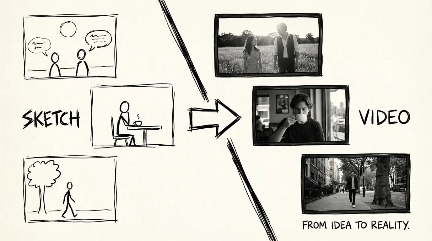 Veo 4 storyboarding workflow: sketch panels become generated video sequences